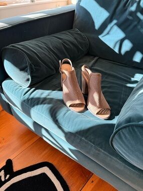 Women's Taupe Perforated Peep-Toe Block Heel Sandals